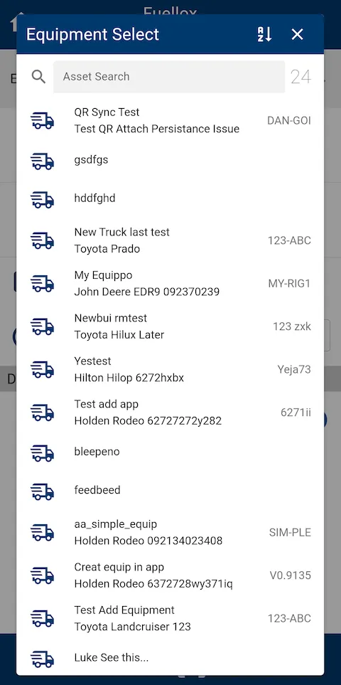 Fuellox mobile select equipment prompt