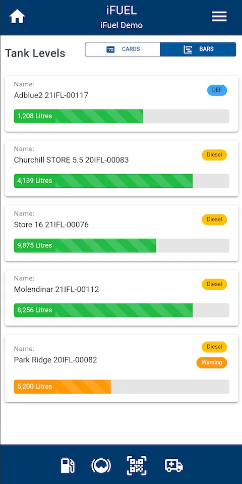Fuellox mobile tank levels bar view