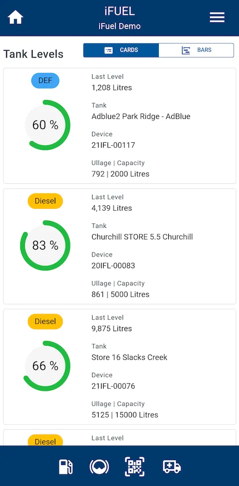 Fuellox mobile tank levels card view